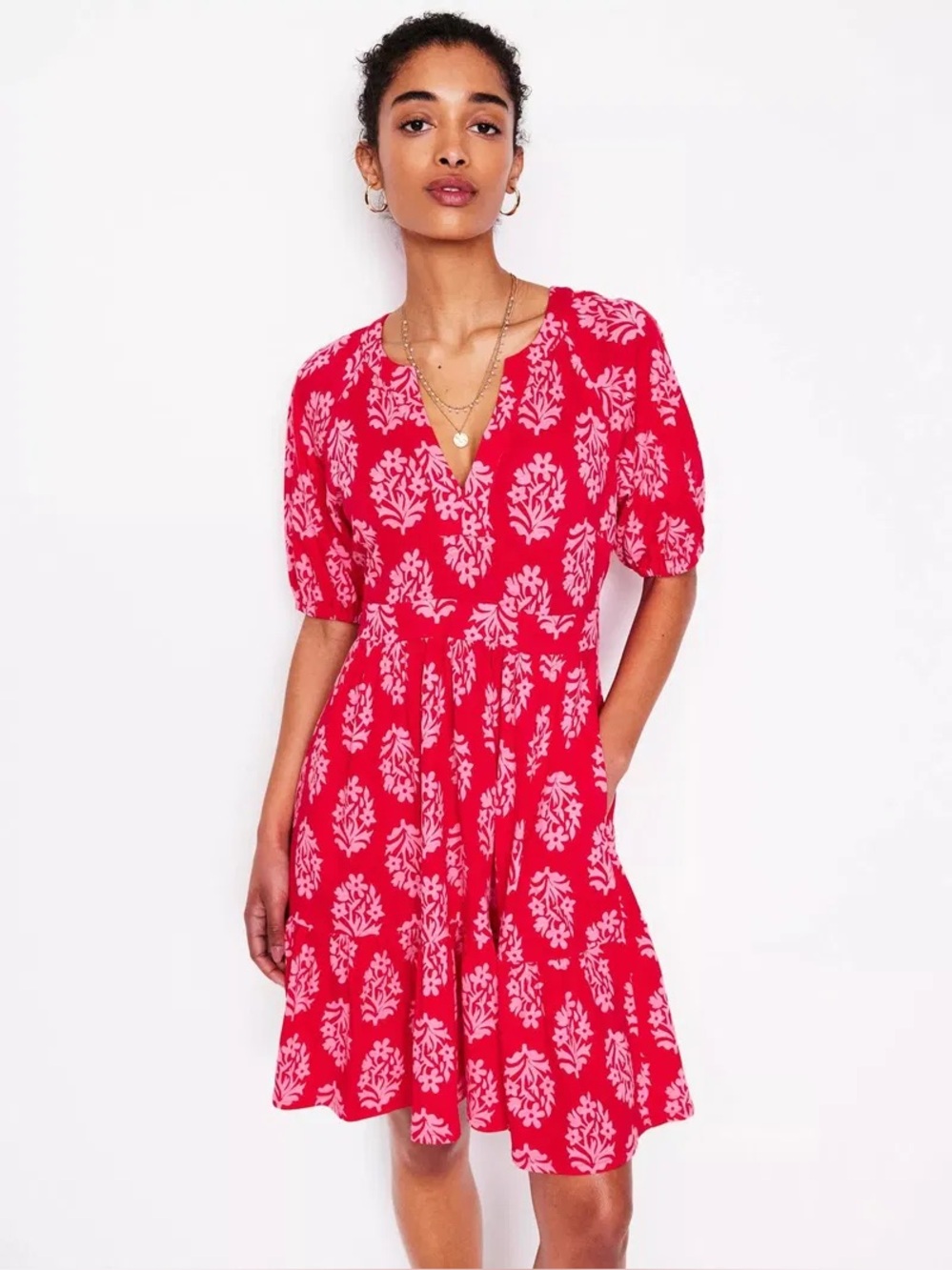 Boden • Pink Red Bolt Piper Short Floral Jersey Dress